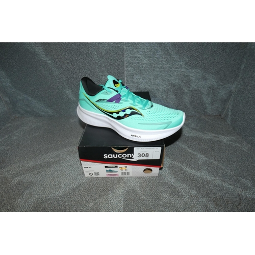 308 - A pair of womens running shoes by Saucony type Ride 15 Cool mint / acid comme size UK 7