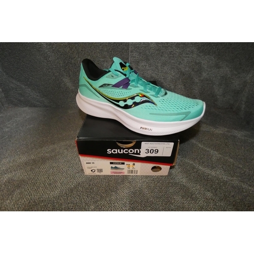 309 - A pair of womens running shoes by Saucony type Ride 15 Cool mint / acid comme size UK 6