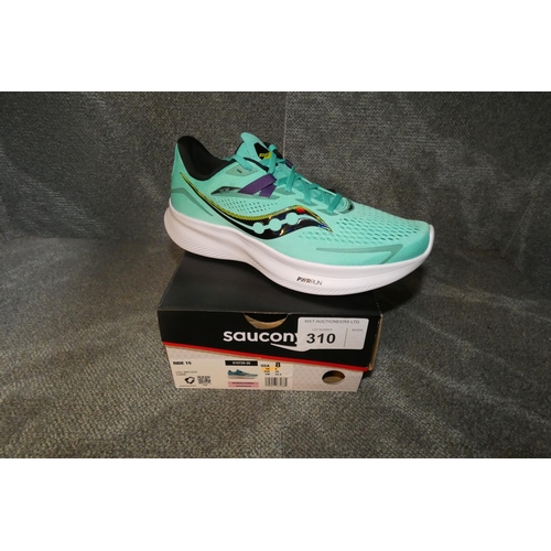 310 - A pair of womens running shoes by Saucony type Ride 15 Cool mint / acid comme size UK 6