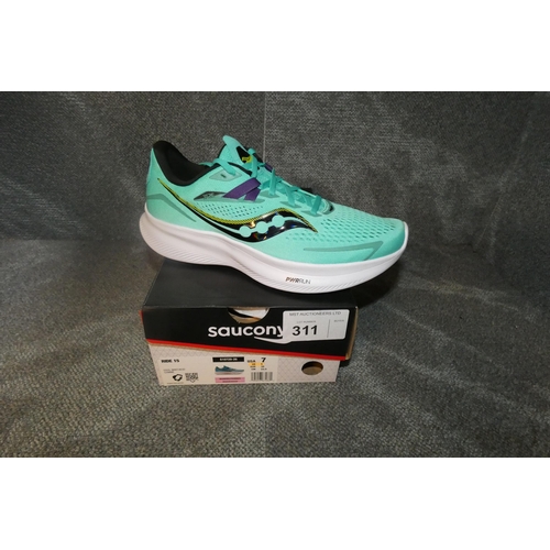 311 - A pair of womens running shoes by Saucony type Ride 15 Cool mint / acid comme size UK 5