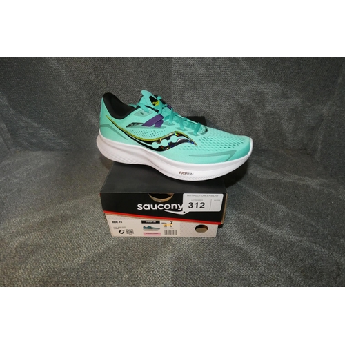 312 - A pair of womens running shoes by Saucony type Ride 15 Cool mint / acid comme size UK 5