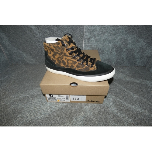 373 - A pair of womens hi sneaker shoes by Clarks type Aceley Zip Hi Leopard suede size UK 5.5