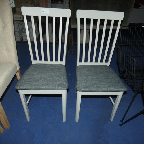 1378 - 2 grey painted slat back dining chairs with dark grey seat pads