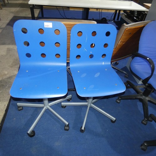 2301 - 2 blue bent wood office swivel chairs