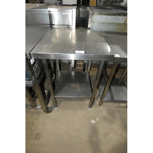 2113 - A commercial stainless steel catering type table with shelf beneath approx 65x60cm