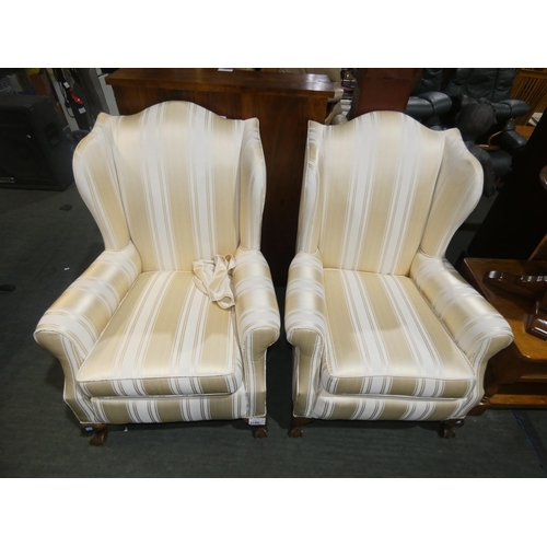 3156 - 2 wing back arm chairs upholstered in a striped gold / cream fabric - These appear to be vintage cha... 