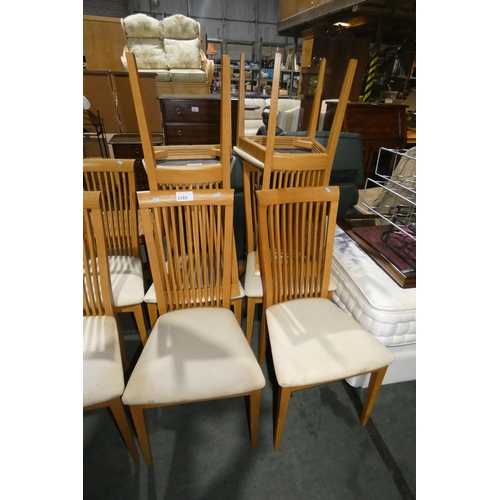 3185 - 6 wood framed dining chairs with light coloured seat pads