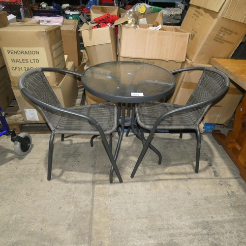 3058 - A garden bistro type dining set comprising of 1 glass topped table diameter approx 60cm and 2 chairs