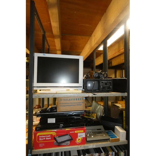 3417 - A quantity of various electronic related items including a Humax TV, Plustron portable TV, Lg bluera... 