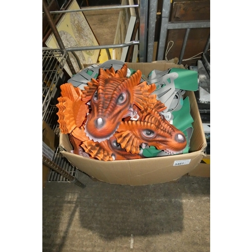 3467 - A quantity of night dress up helmets and dragon masks. Contents of 1 box