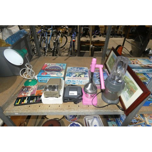 3096 - A quantity of various items including games, table lamps 240v, crockery, a Salter NutriPro etc. Cont... 