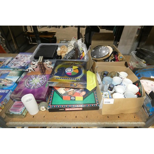 3100 - A quantity of various household items including table lamps 240v, games, crockery etc. Contents of 1... 