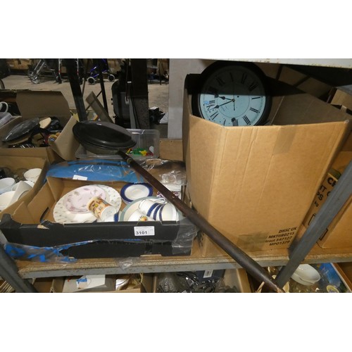 3101 - A quantity of various household items including 3 clocks, cutlery, crockery, a bed warming pan etc. ... 