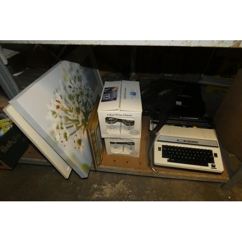 3105 - A quantity of various household items including 3 table lamps 240v, a suitcase, glasses, a Brother S... 