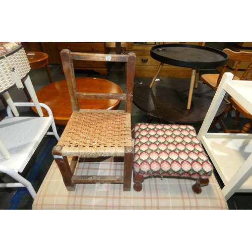 3110 - 2 small dark wood occasional tables, 1 shower stool, 1 sewing box, 1 small wooden chair and 2 footst... 