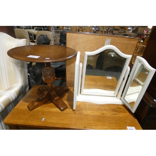 3157 - 1 dark wood circular coffee table diameter approx 51cm and a cream frame triple dressing table mirro... 