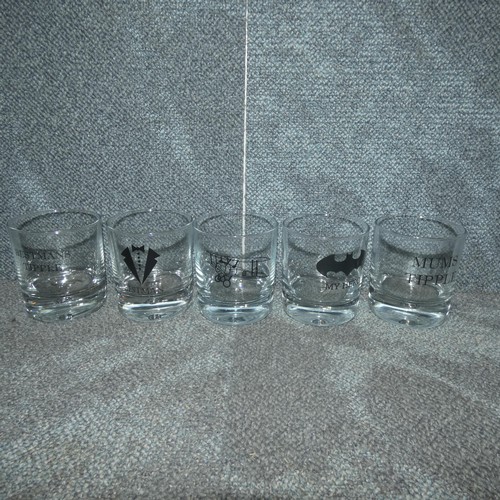 3209 - A quantity of Birthday/wedding day/special occasion gift/novelty glass tumblers. Contents of 1 shelf