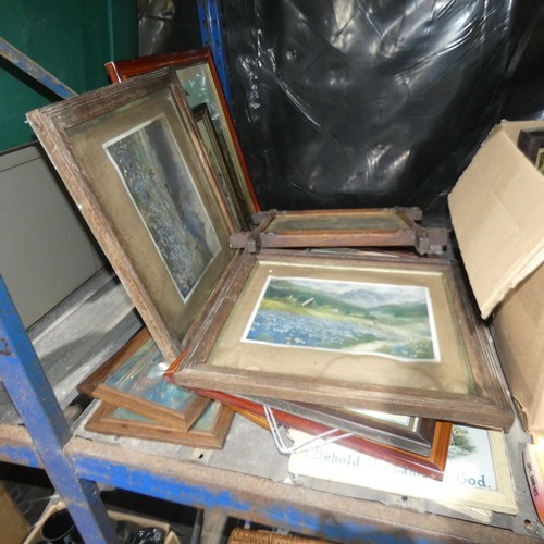 3010 - A quantity of various items including framed prints, a wicker basket, a small aluminium checker plat... 