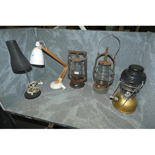 4120 - 2 vintage hurricane lamps, a vintage gas lantern & an anglepoise lamp