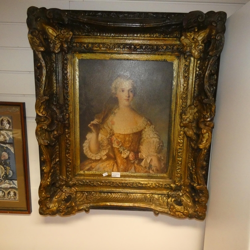 4131 - A print of a classic 18th century lady in a very heavy gilt decorated frame