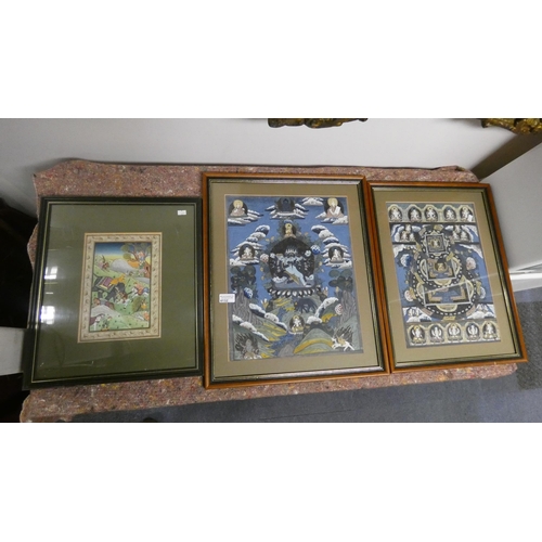 4132 - A pair of framed oriental heavenly paintings on silk and a smaller framed painting on silk of Orient... 