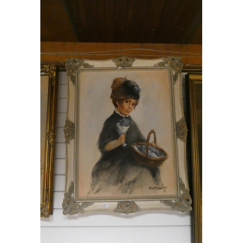 4148 - A large gilt framed oil on canvas of a girl with basket signed Leighton Jones