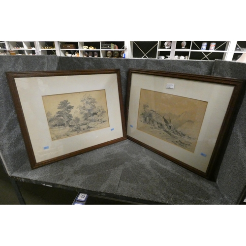 4150 - A pair of oak framed black and white prints of rural scenes