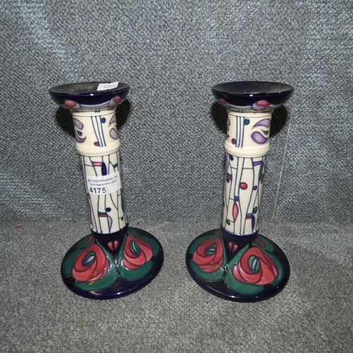 4175 - A pair of decorative Moorcroft table candlesticks in the tribute to Charles Rennie Mackintosh design... 