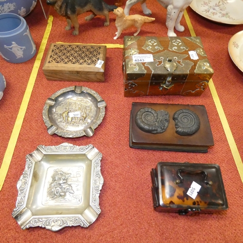 4243 - A brass bound trinket box, a tortoiseshell sectional box, various ashtrays and ornaments etc.