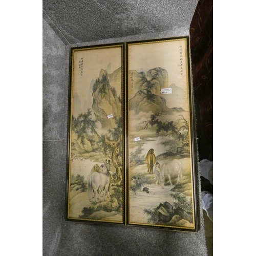 4145 - A pair of framed Japanese prints of river scenes with figures and horses