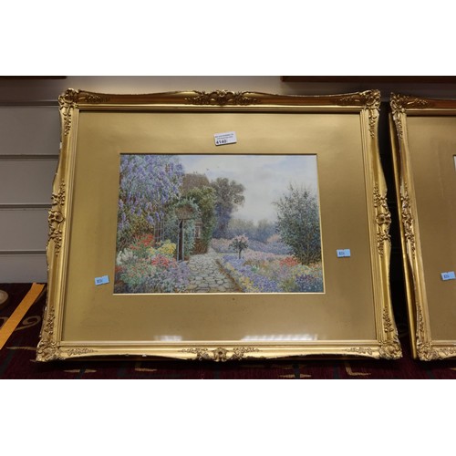 4140 - A pair of gilt framed watercolours of country cottage garden scenes by James Matthews