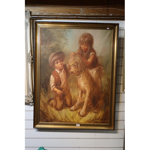 4147 - A large gilt framed oil on canvas of children with a dog signed Leighton Jones
