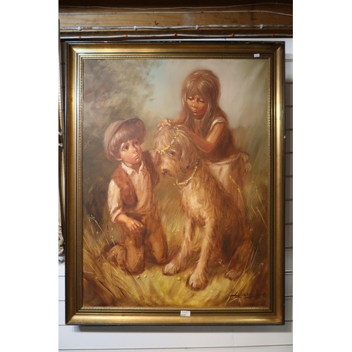 4147 - A large gilt framed oil on canvas of children with a dog signed Leighton Jones