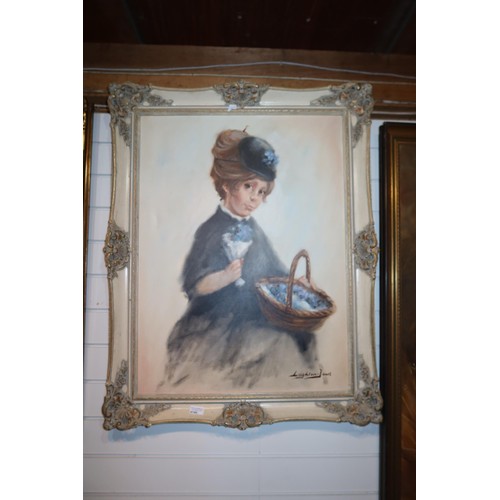 4148 - A large gilt framed oil on canvas of a girl with basket signed Leighton Jones