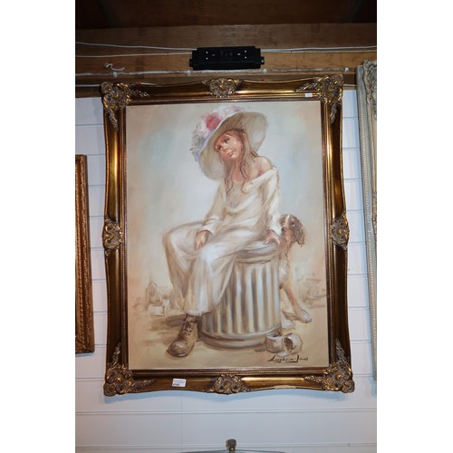 4149 - A large gilt framed oil on canvas of a girl with dog signed Leighton Jones
