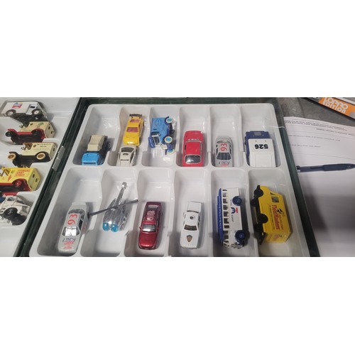 3129 - 3 remote control cars, 38 small model vehicles and 4 boxes of CD holders. Contents of 1 shelf