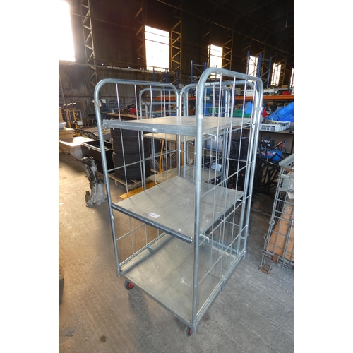 5037 - 1 wheeled open front warehouse cage with 2 removable shelves