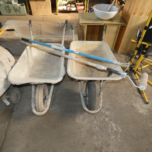 5056 - 2 wheelbarrows, 1 long handled roller and 1 Ox long handled concrete float