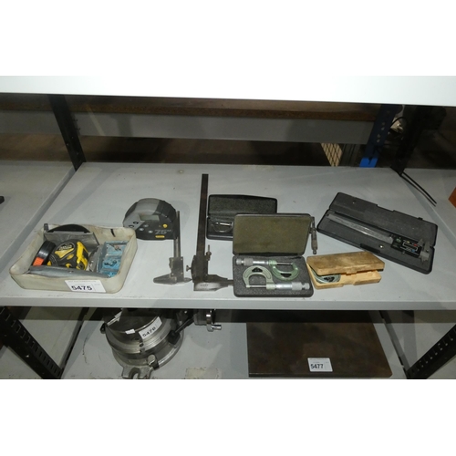 5475 - A quantity of various micrometers, vernier gauges, tape measures etc. Contents of 1 shelf