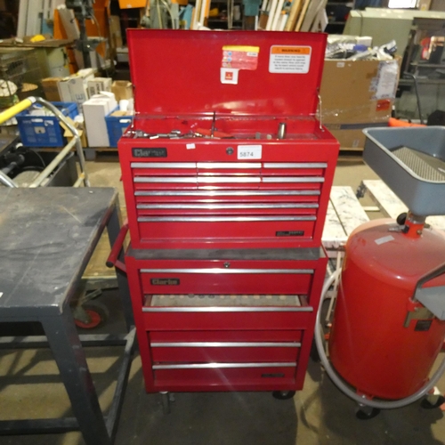 5874 - A two part red metal wheeled multi drawer workshop tool chest by Clarke containing a quantity of var... 