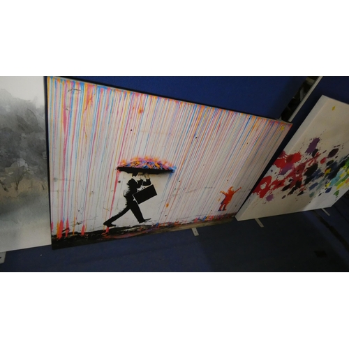 174 - 1 art print on canvas - Bansky Umbrella Rainbow Happy Girl - approx 117 x 82cm. Please note that thi... 