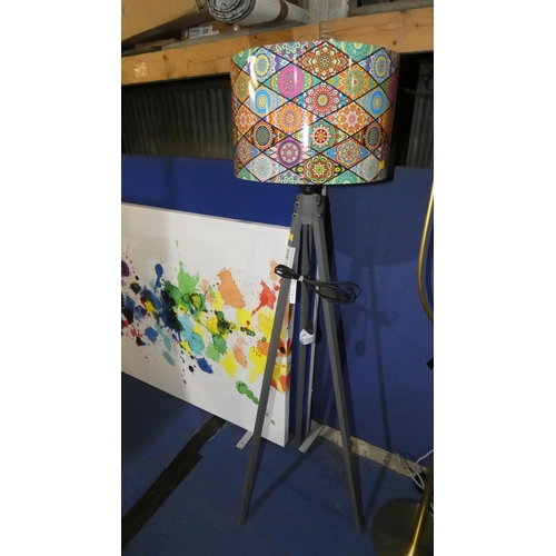 216 - 1 tripod floor standing lamp with a colourful shade