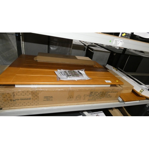 A Zinus Two Toned farmhouse dining table with two benches (2 wood tops