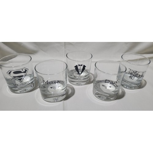 2210 - A quantity of Birthday/wedding day/special occasion gift/novelty glass tumblers. Contents of 2 shelv... 