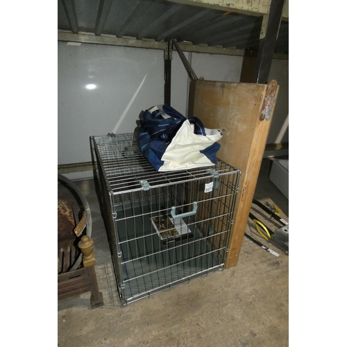 2072 - A Rosewood two door dog / puppy cage, 1 wall papering table and 1 Douglas Gill bag