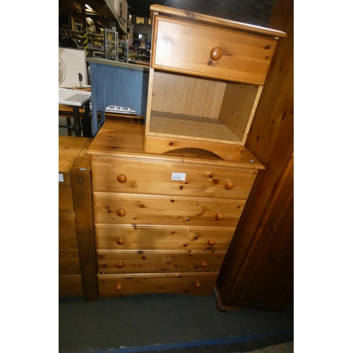 2119 - A pine chest of 5 drawers approx 81cm wide and 1 pine bedside cabinet