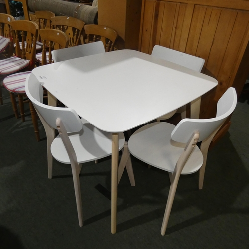 2195 - A modern style white dining table approx 90 x 90cm and 6 matching white chairs