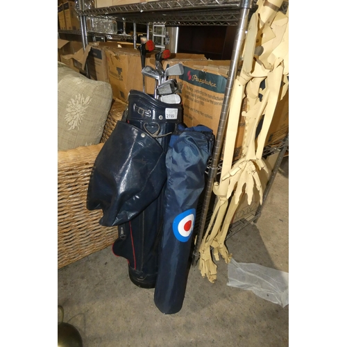 2199 - 1 golf caddy bag containing a quantity of various golf clubs and 1 camping chair