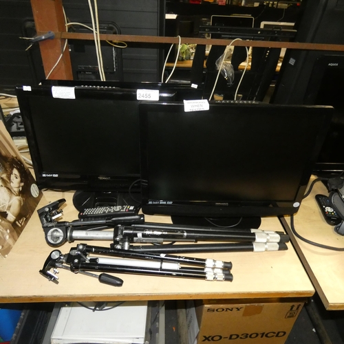 2455 - 4 x various TVs, 2 x tripods and 4 x various non matching remote controls - trade