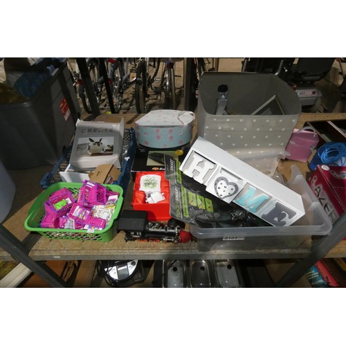 2103 - A quantity of various household items including a tower fan 240v, hair curlers, a kettle, a water bo... 